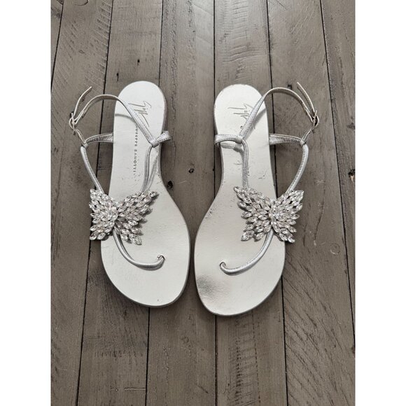 Giuseppe Zanotti Crystal Butterfly Embellished Flat Leather T Strap Sandals 36 - Picture 2 of 7